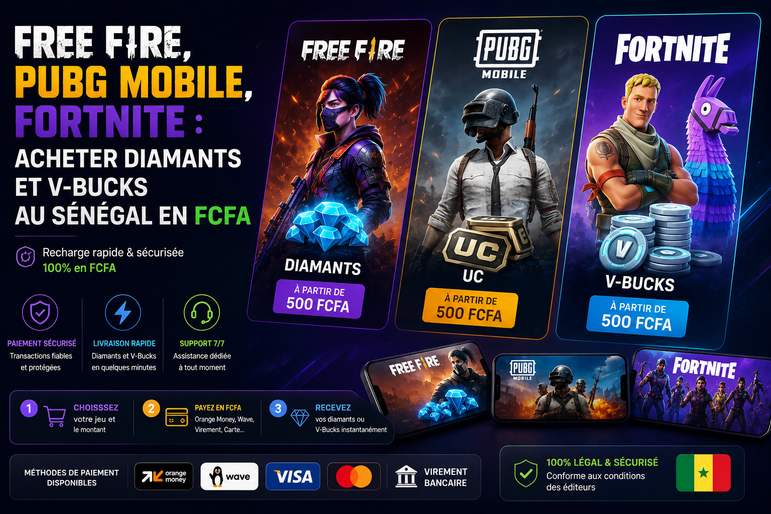 Free Fire, PUBG Mobile, Fortnite : acheter diamants et V-Bucks au Sénégal en FCFA