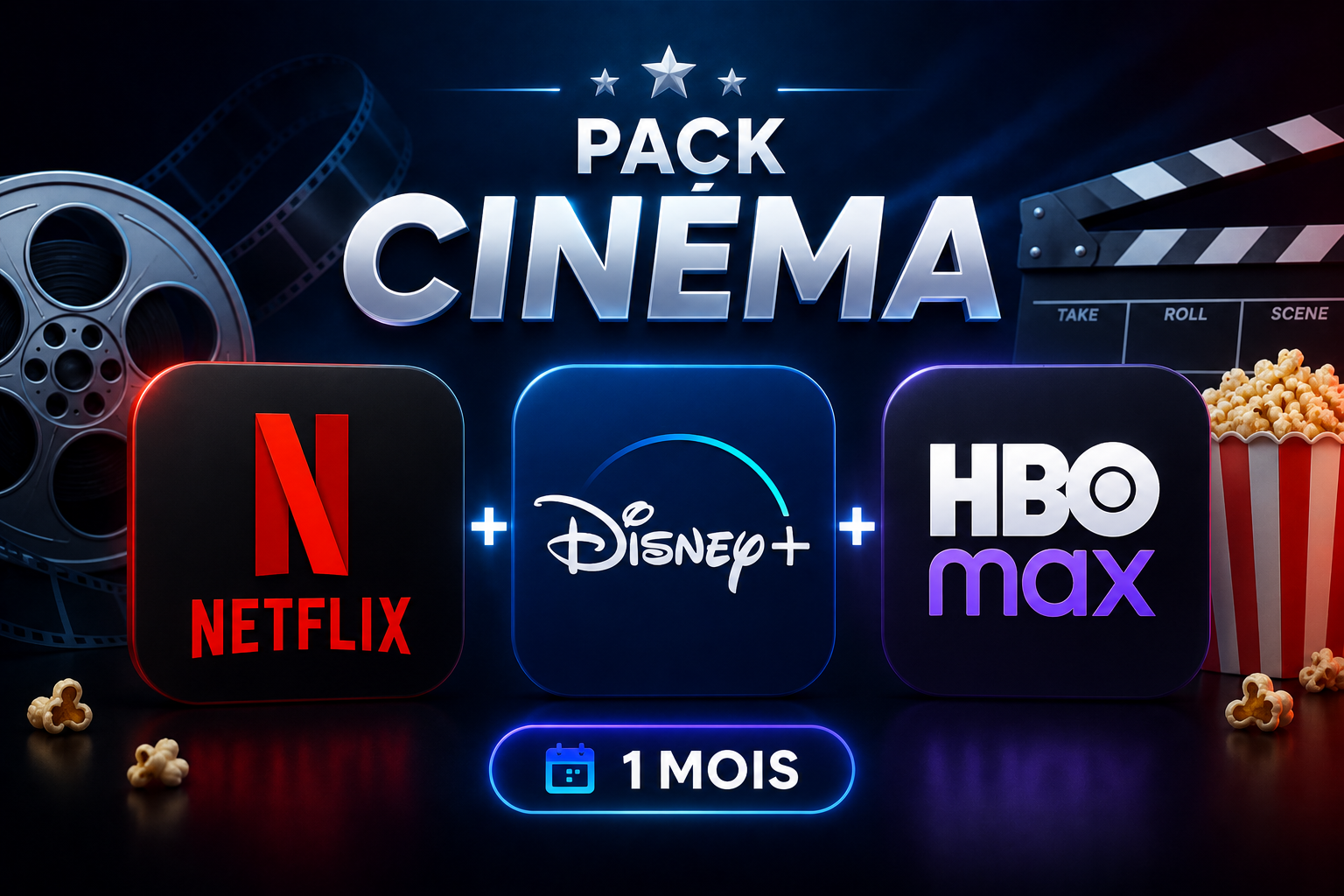 Pack Cinéma — Netflix + Disney+ + HBO | 1 Mois