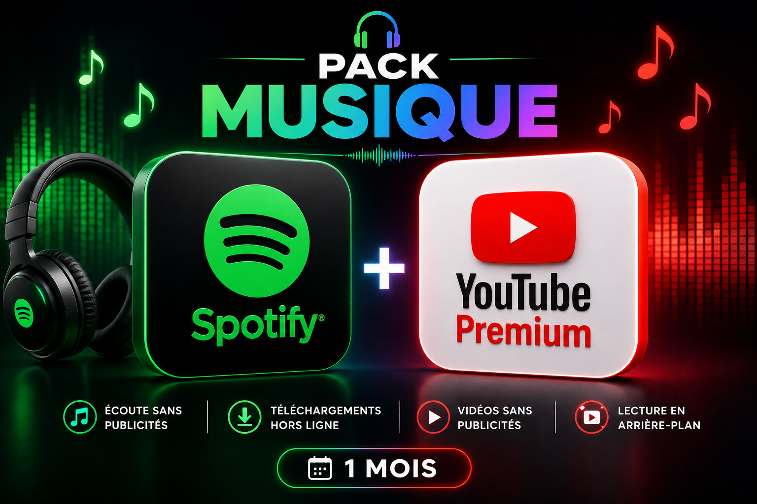 Pack Musique — Spotify + YouTube Premium | 1 Mois