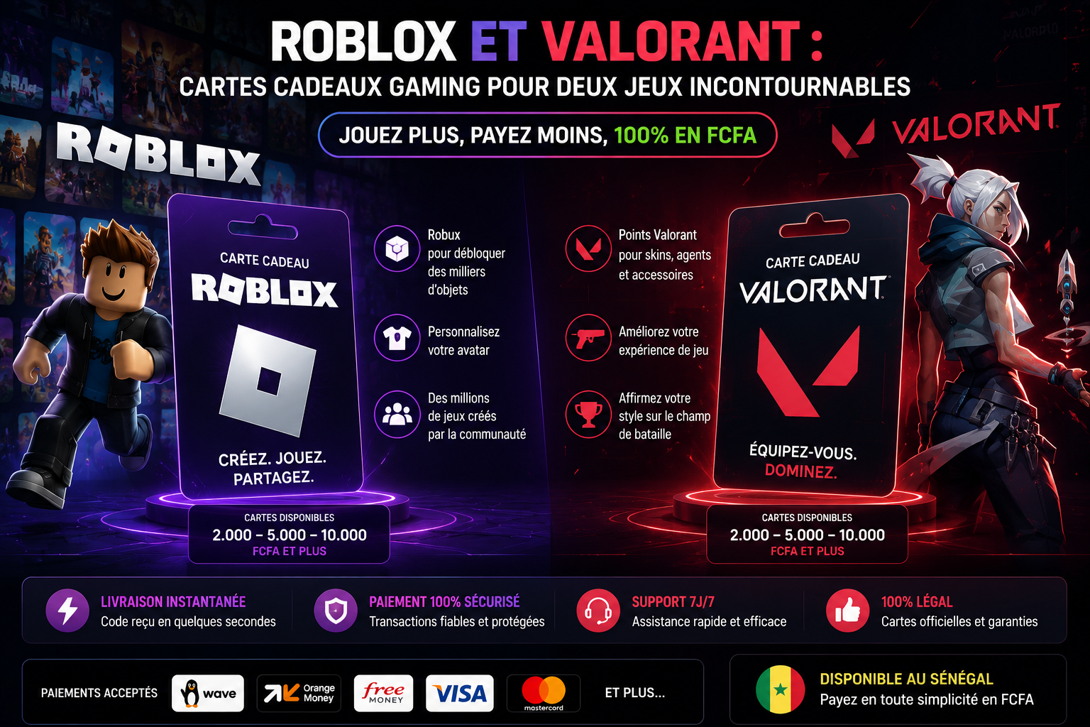 Roblox et Valorant : cartes cadeaux gaming pour deux jeux incontournables