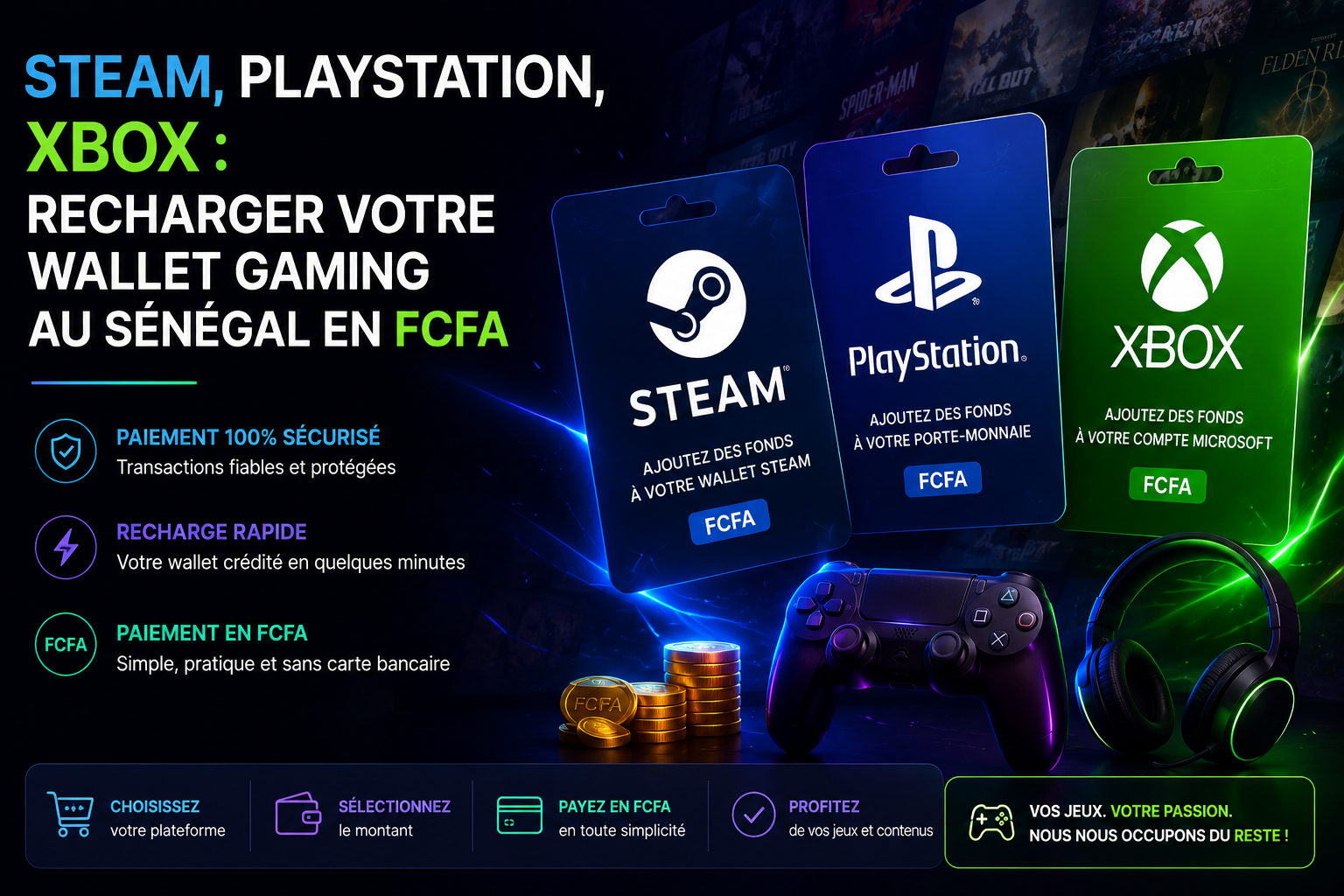 Steam, PlayStation, Xbox : recharger votre wallet gaming au Sénégal en FCFA